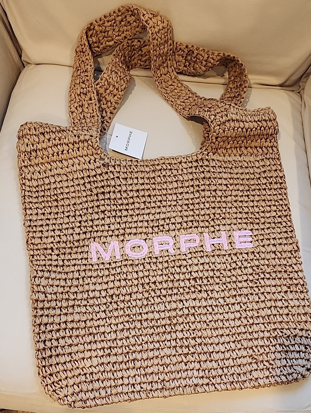 Morphe Beach Bag Tan Crochet Tote with Pink Logo